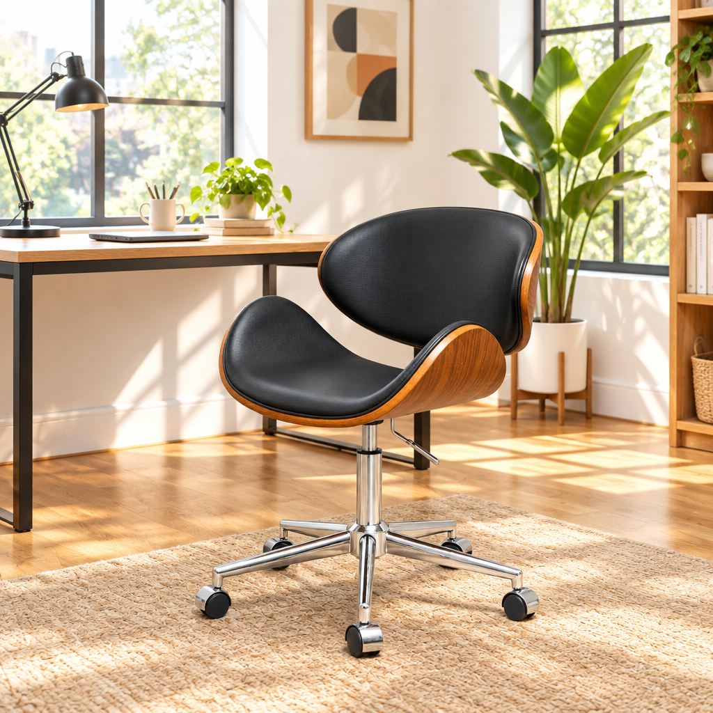 Black faux leather bentwood office chair with chrome base in a sunny home office