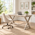 Brown writing desk in a bright home office