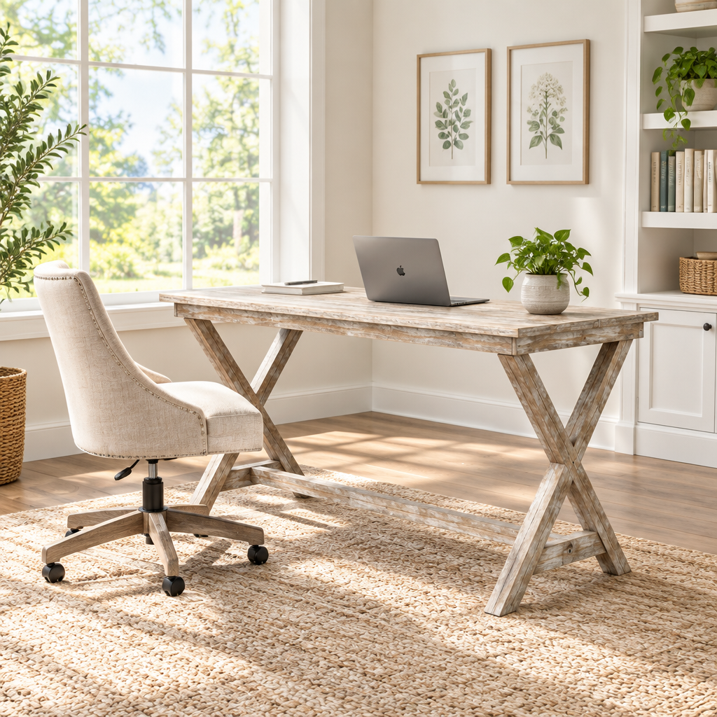 Brown writing desk in a bright home office