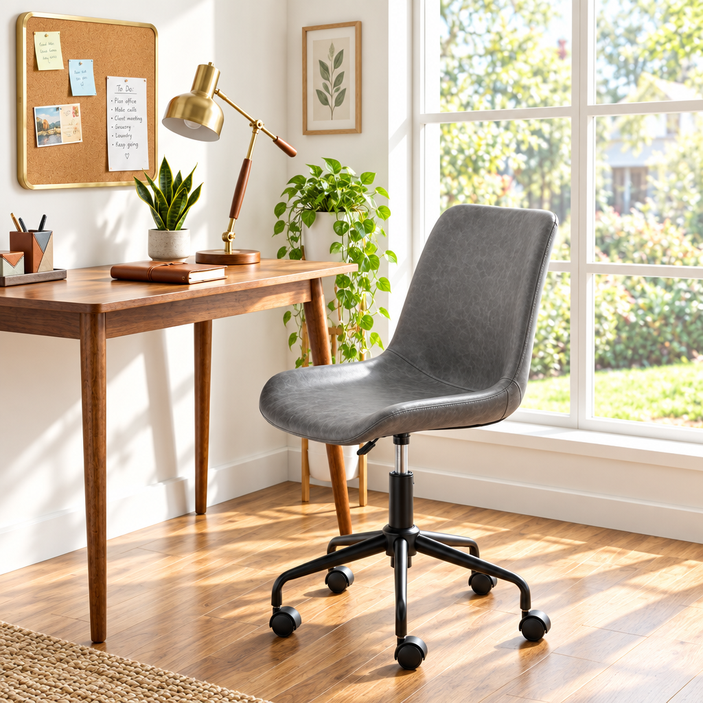 Gray faux leather mid-century office chair in a sunny home office