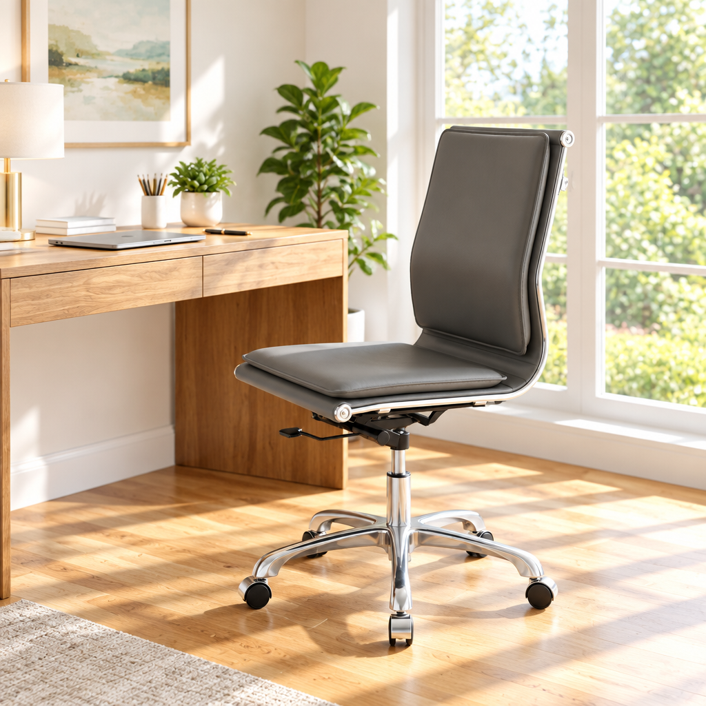 Gray faux leather executive office chair with chrome base in a sunny home office