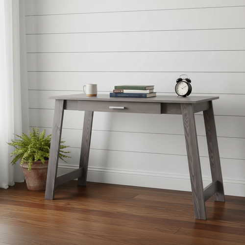 Gray computer desk in a farmhouse-style home office