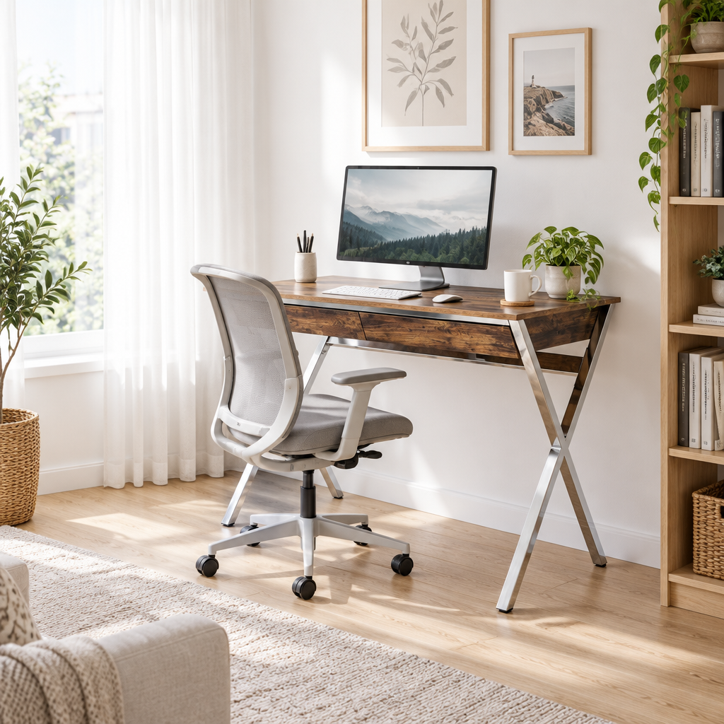 Brown and silver writing desk set up as a workspace in a bright living room