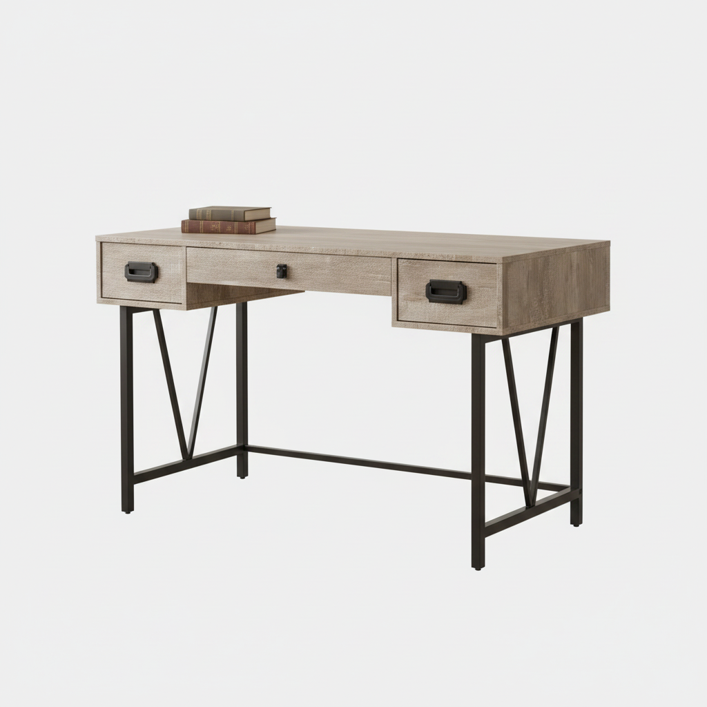 Taupe and black computer desk with drawers studio photo