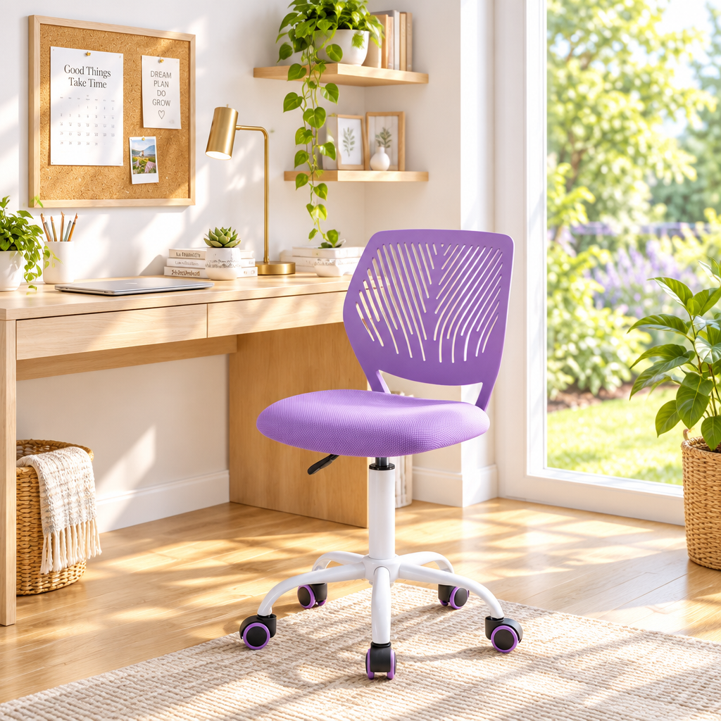 Purple leaf-cutout office chair with white base in a sunny home office