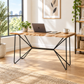 Brown and black writing desk in a bright home office