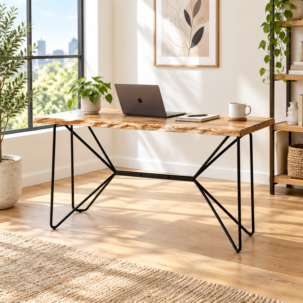 Brown and black writing desk in a bright home office