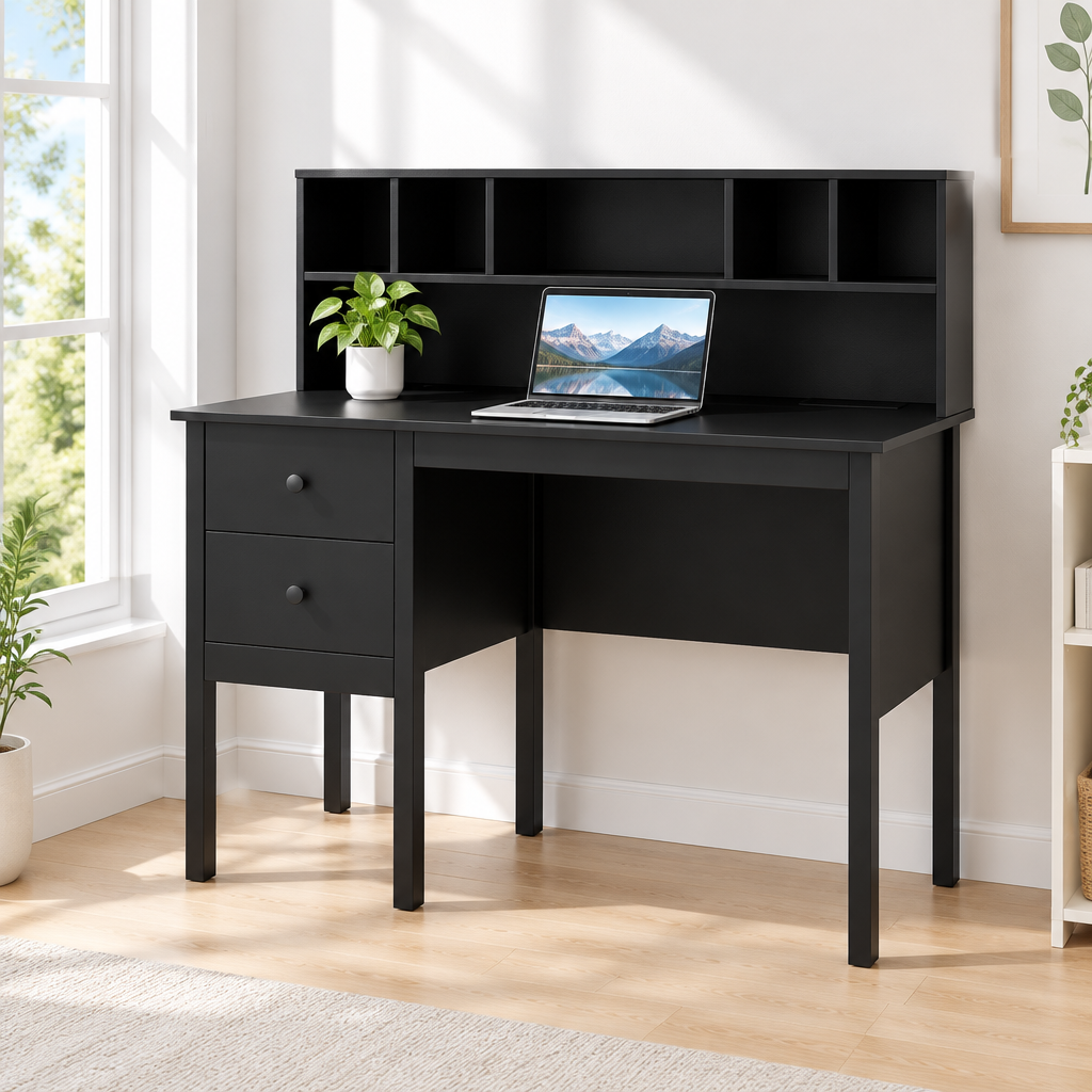48-inch black commercial-grade desk with storage in a bright home office