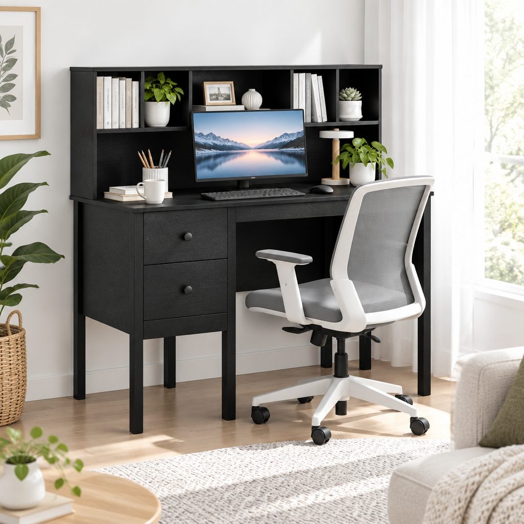 Black commercial-grade desk set up as a workspace in a bright living room