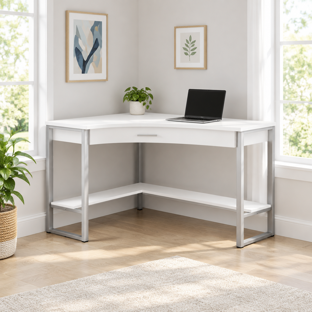 42-inch white and silver corner computer desk in a bright home office