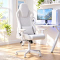 White racing-style gaming chair with lumbar pillow in a sunny gaming room