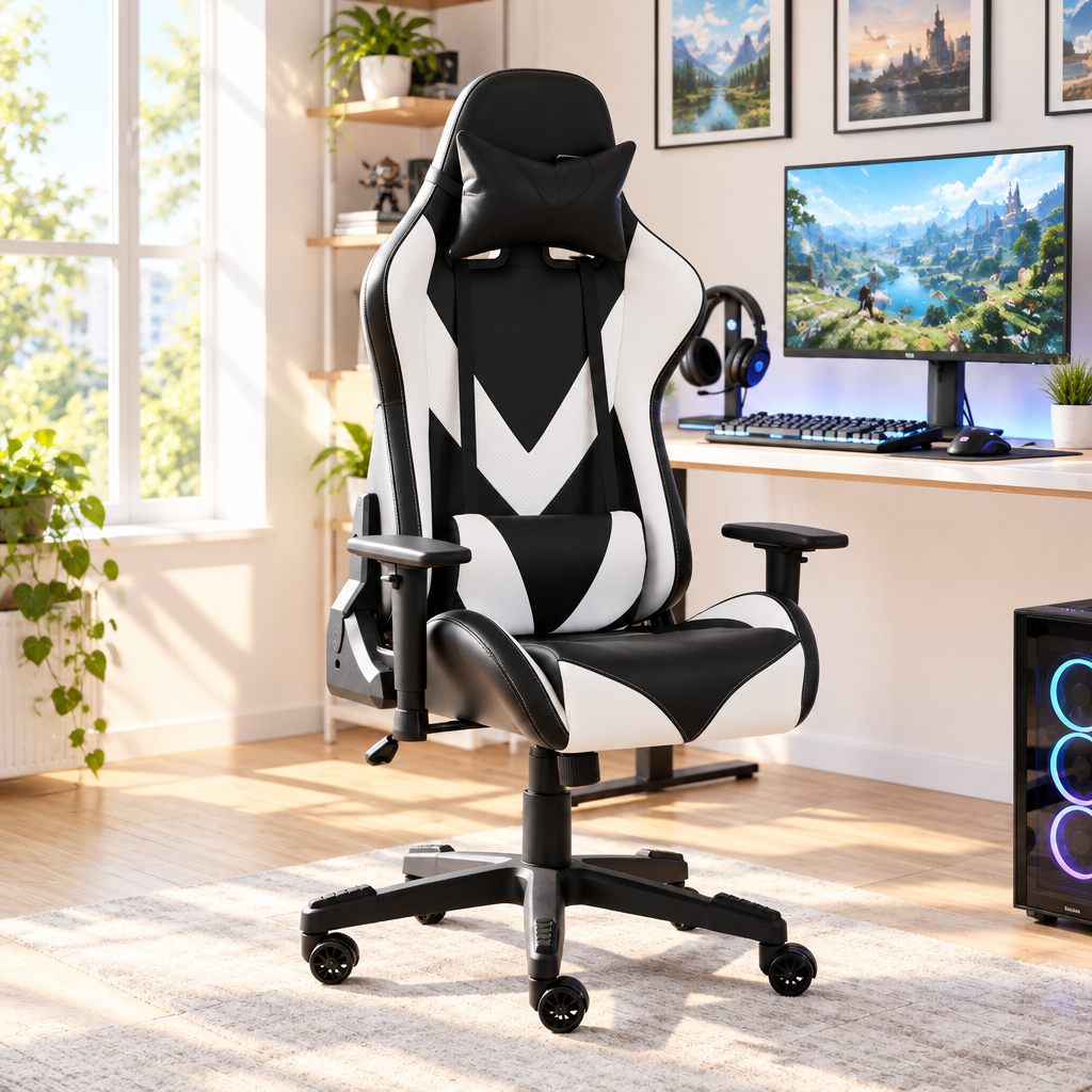 White and black racing-style gaming chair in a sunny home office