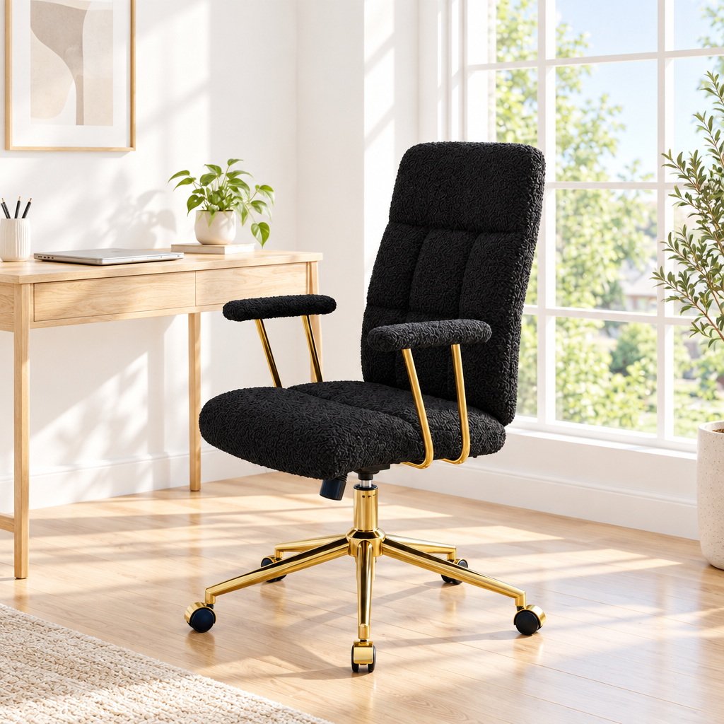 Black and gold boucle executive office chair in a bright home office