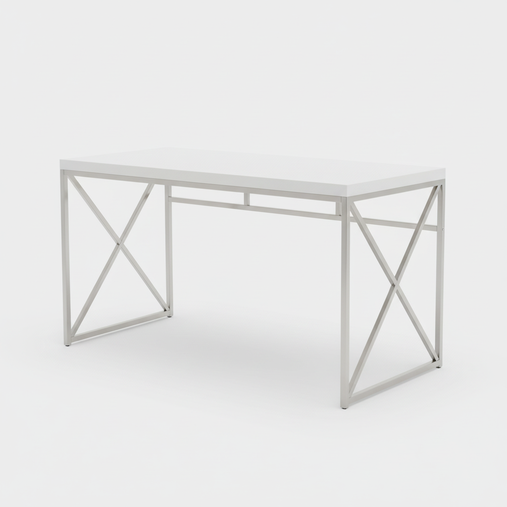 White and silver X-frame computer desk studio photo