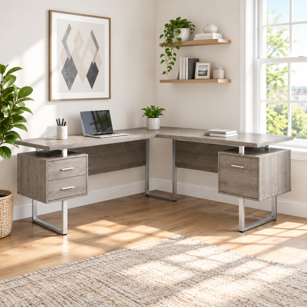 Taupe and silver L-shaped computer desk with 3 drawers in a bright home office