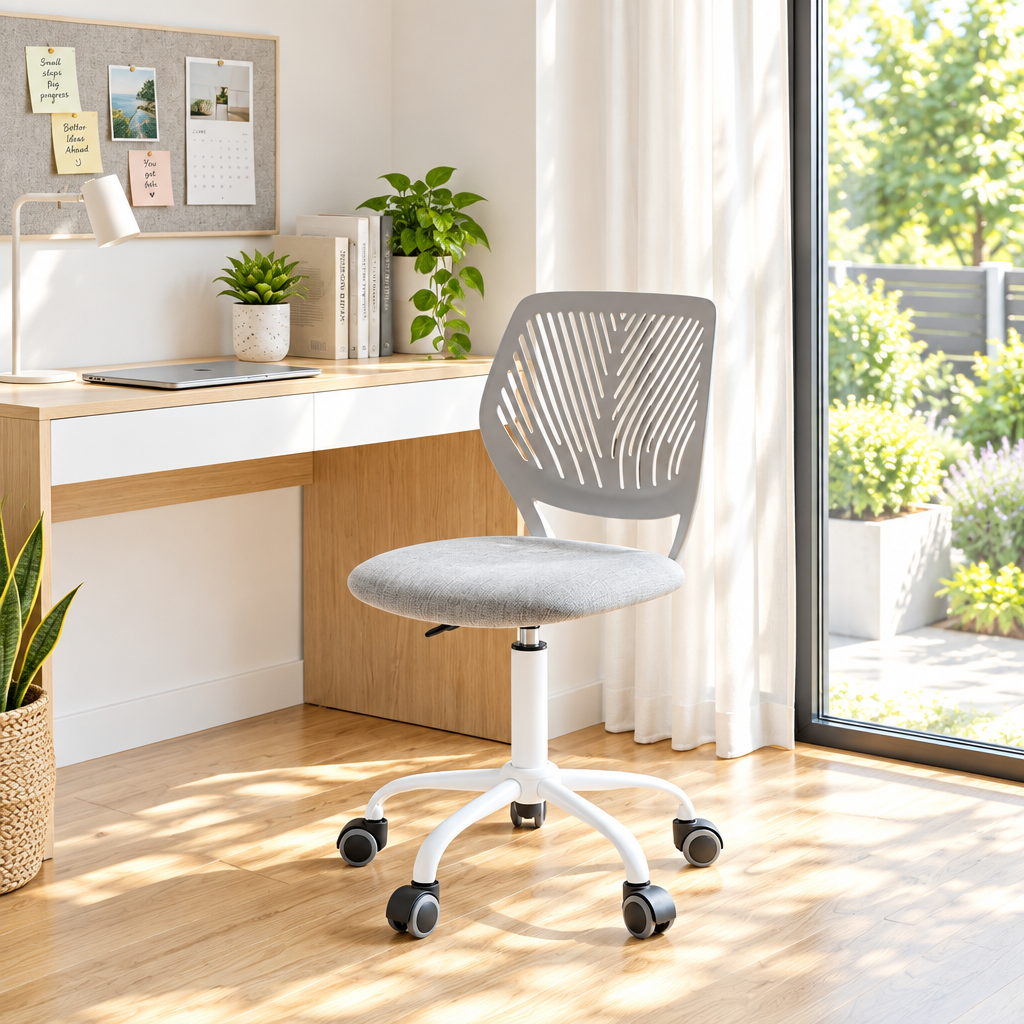 Gray and white compact office chair in a sunny home office