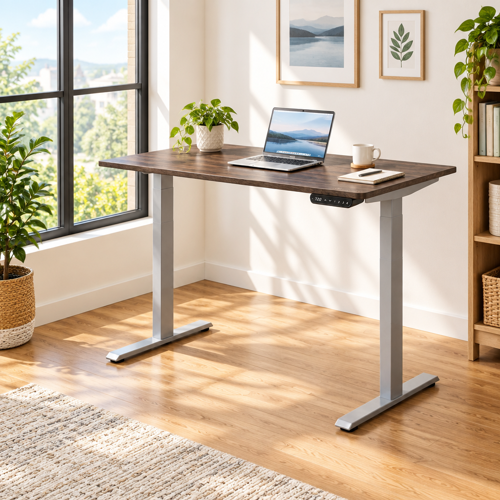 Dark brown and gray adjustable standing desk in a bright home office