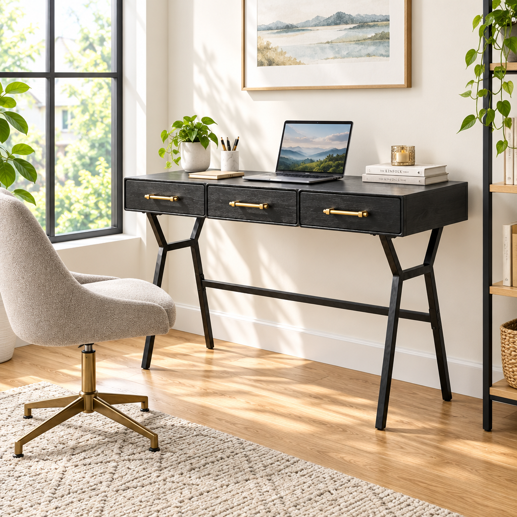 Black writing desk with 3 drawers in a bright home office