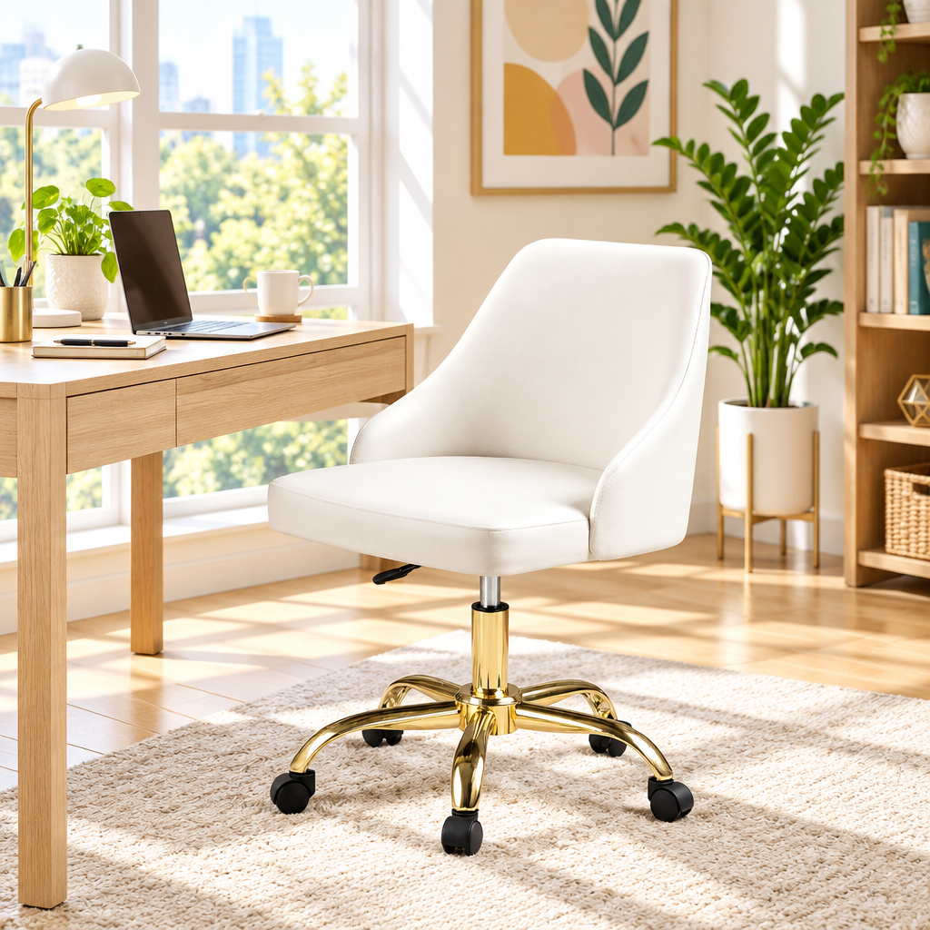 White faux leather office chair with gold base in a sunny home office