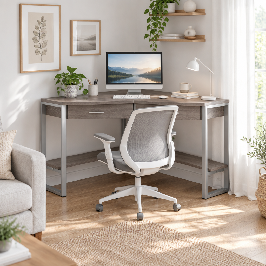 Taupe and silver corner computer desk set up as a workspace in a bright living room
