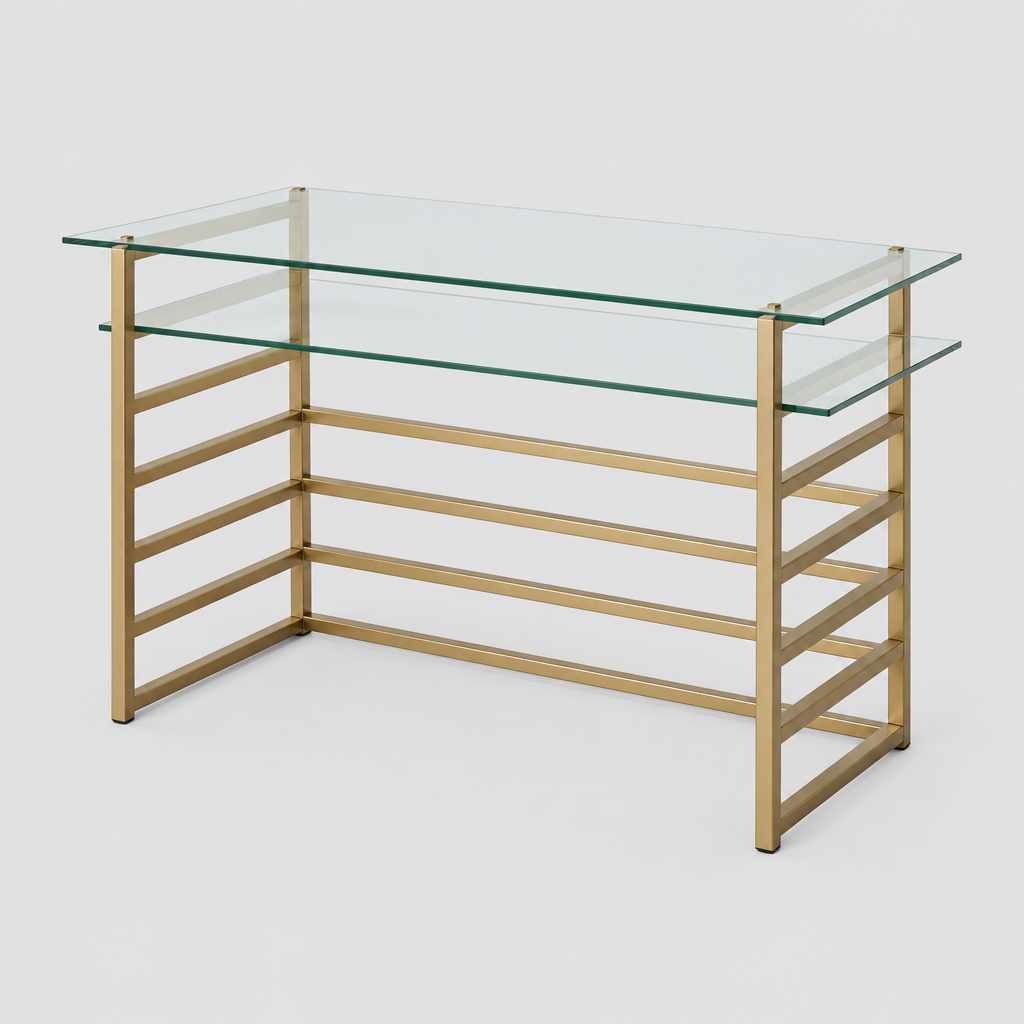 Clear glass and gold mirrored desk studio photo