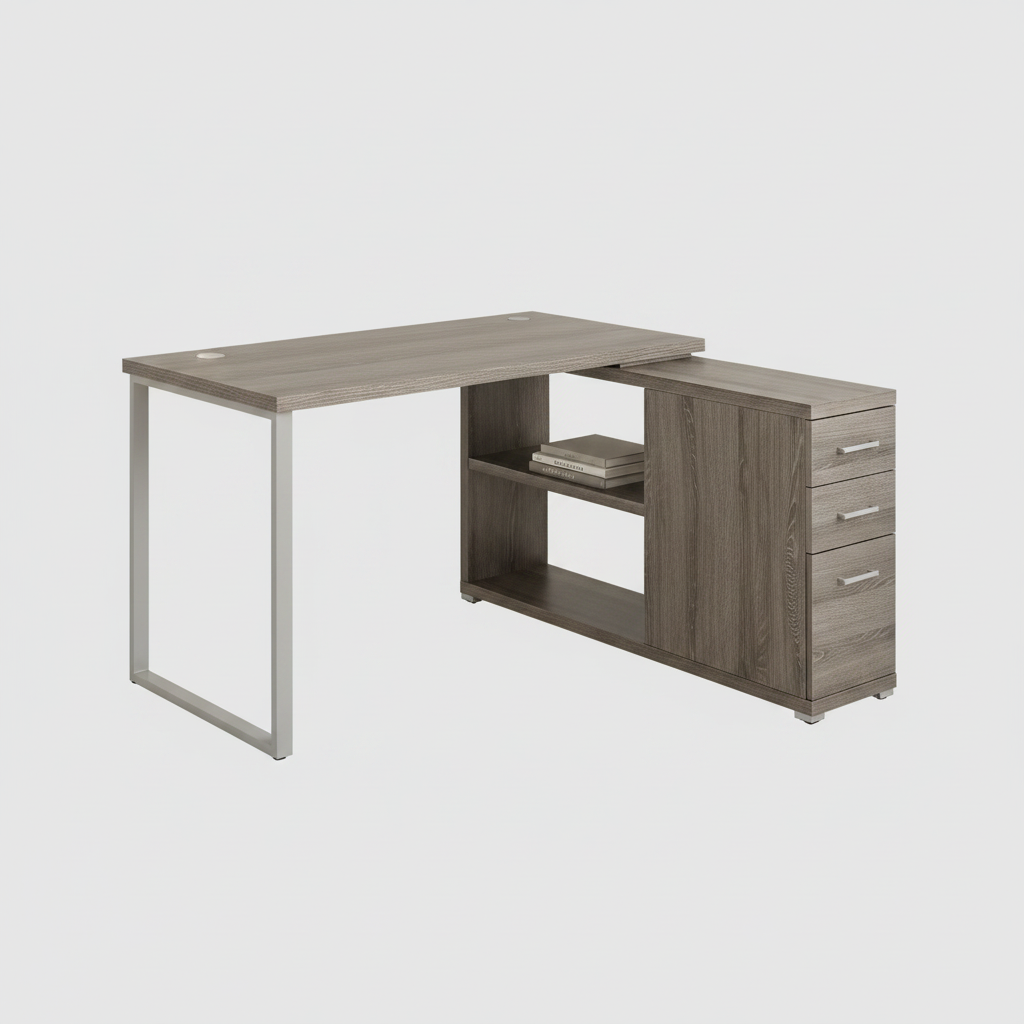 Taupe and silver L-shaped computer desk with 3 drawers studio photo