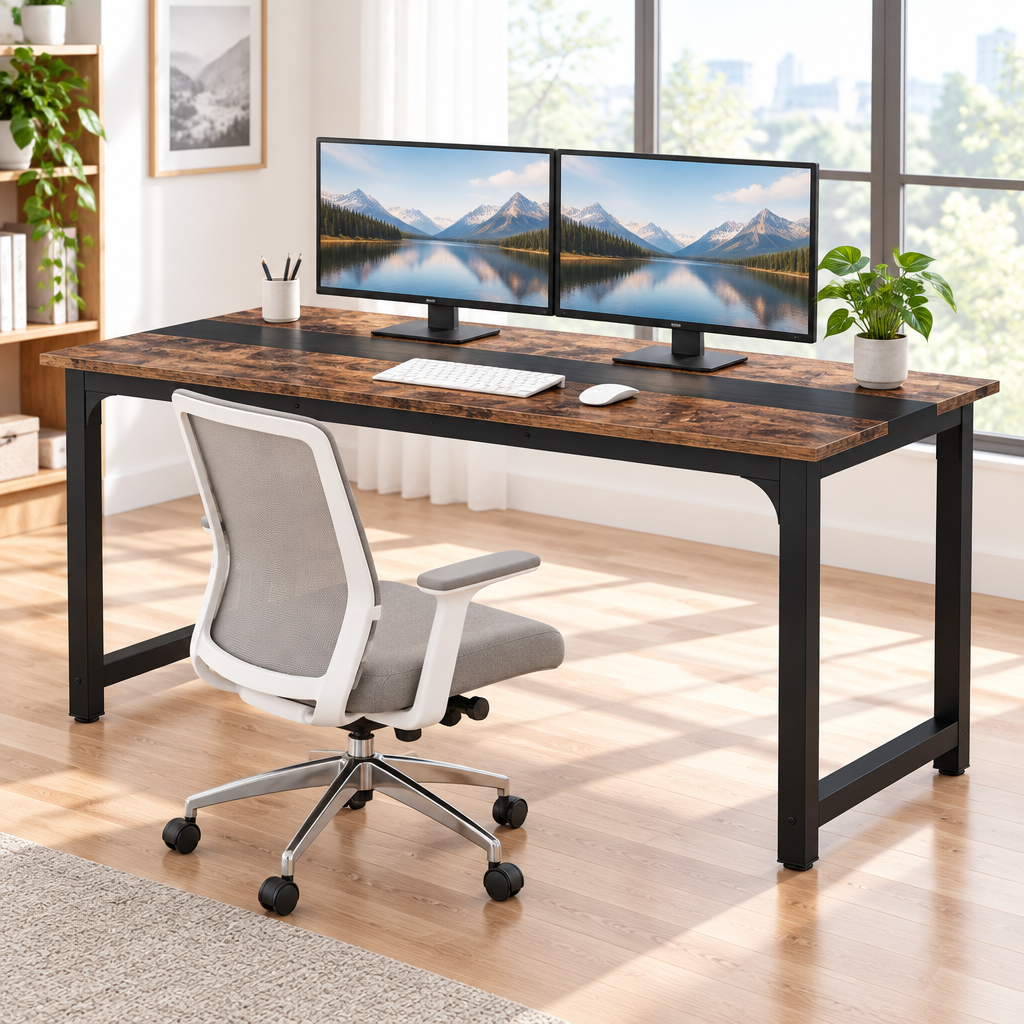 70.8-inch rustic brown and black executive desk with two monitors in a bright home office