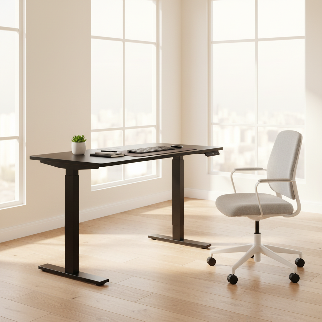 Black adjustable standing desk in a bright home office