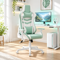 Mint green and white racing-style gaming chair in a sunny home office