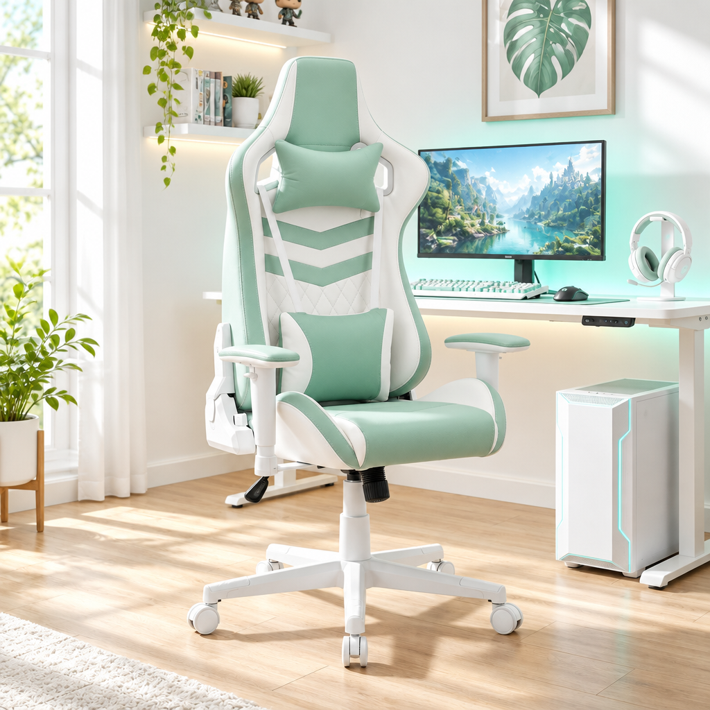 Mint green and white racing-style gaming chair in a sunny home office