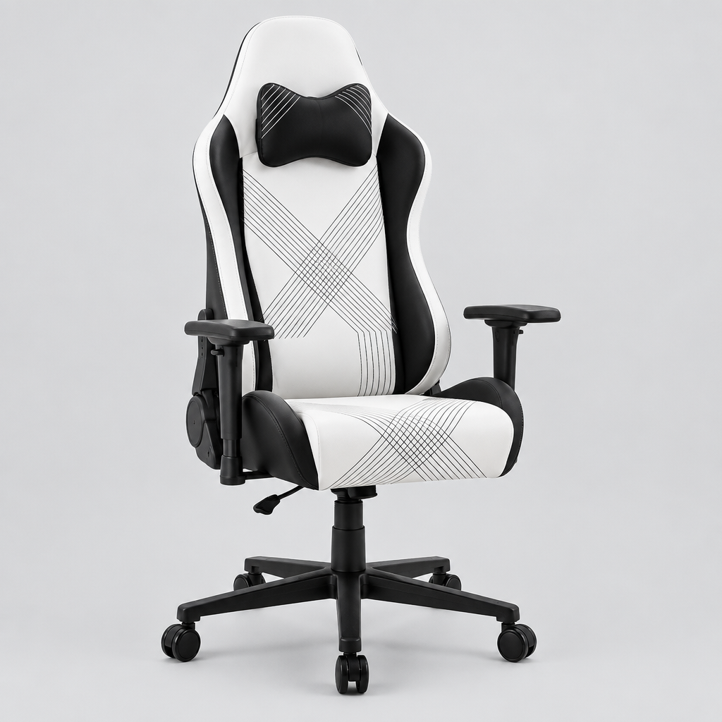 Black and white racing-style gaming chair studio photo