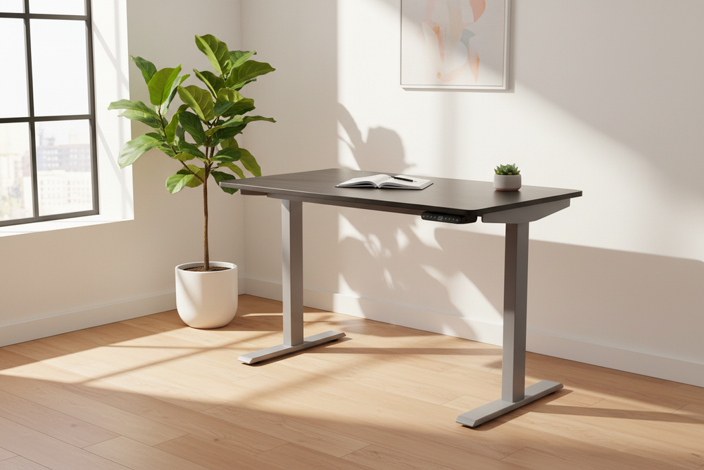 48 inch black and gray adjustable standing desk in a sunlit home office