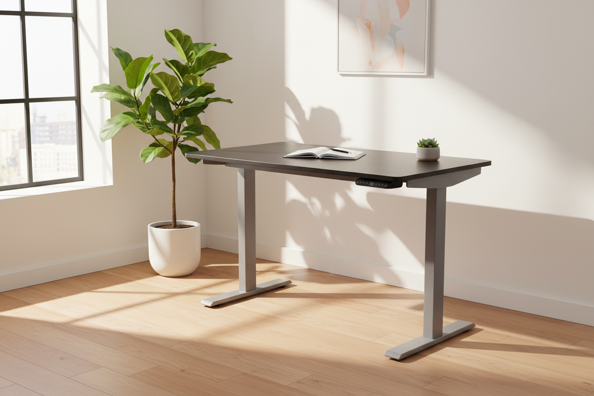 48 inch black and gray adjustable standing desk in a sunlit home office