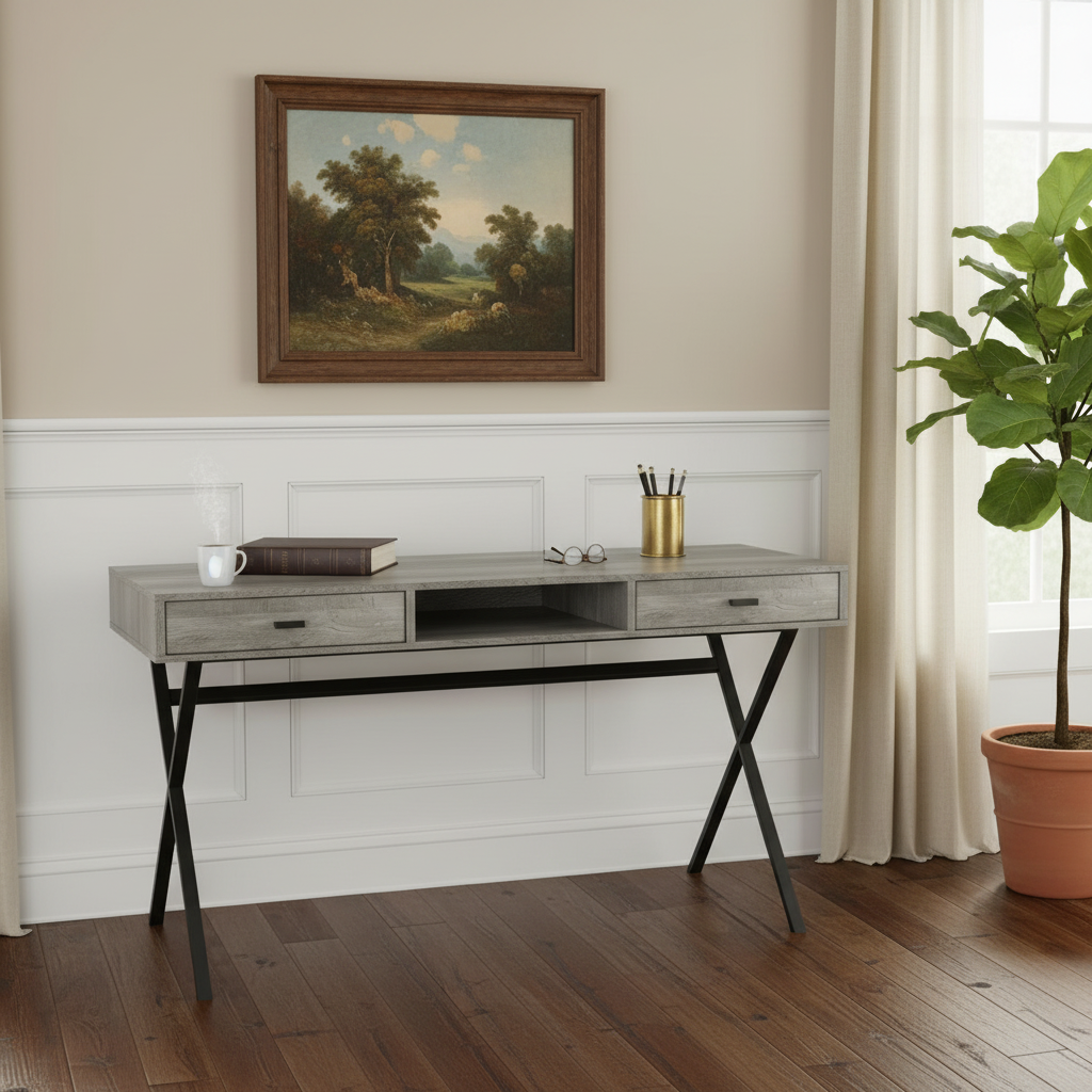 Gray and black computer desk with 2 drawers in a stylish home office