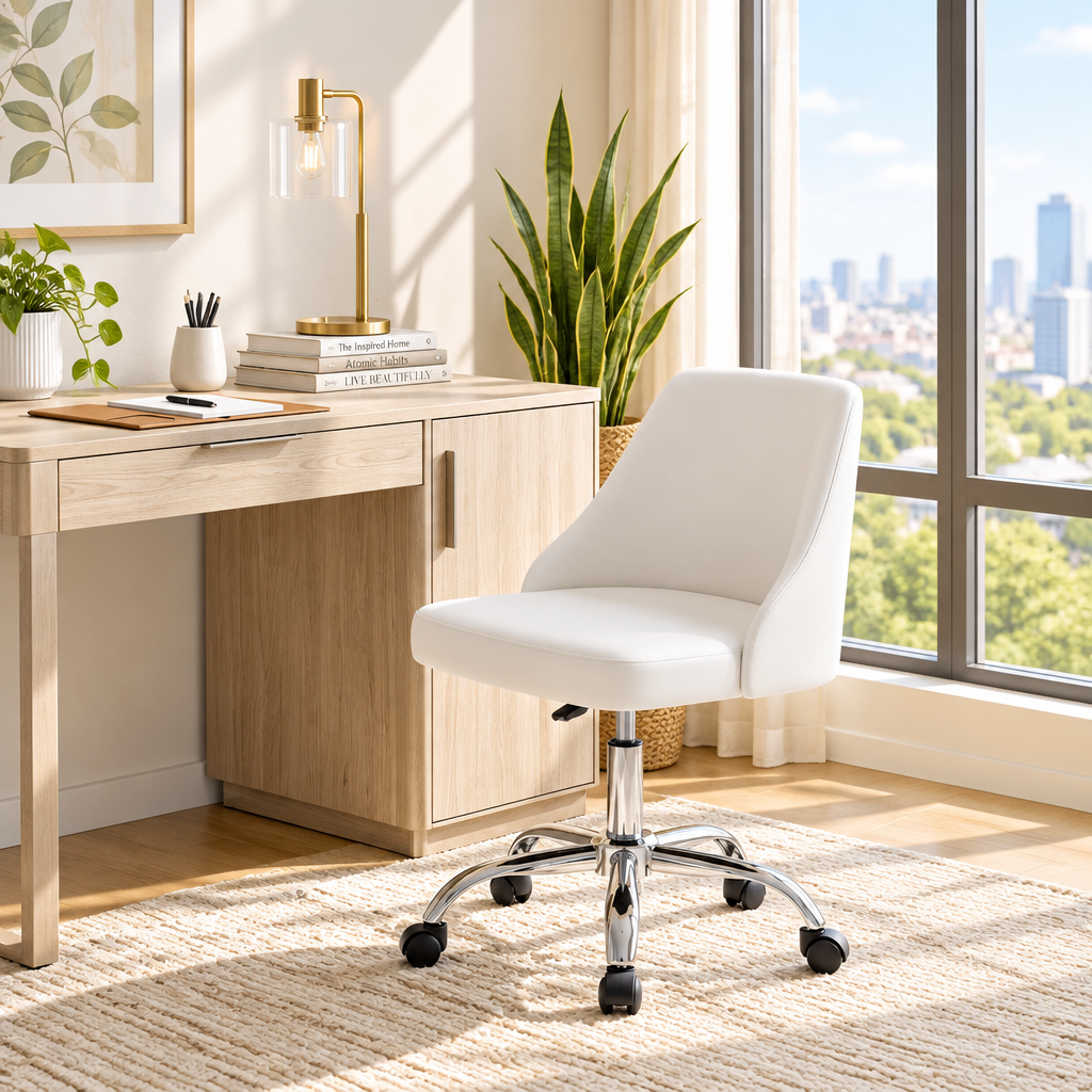 White faux leather armless office chair with chrome base in a sunny home office