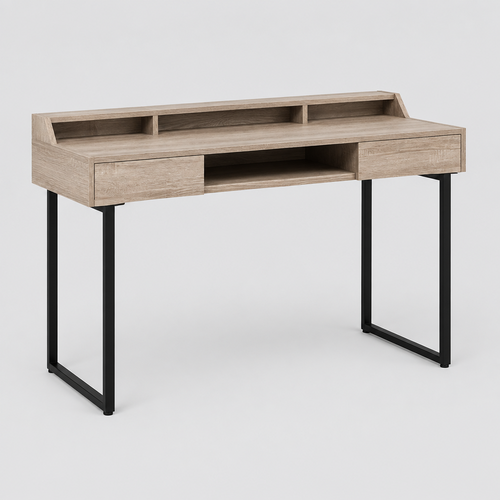 Taupe and black writing desk with 2 drawers studio photo