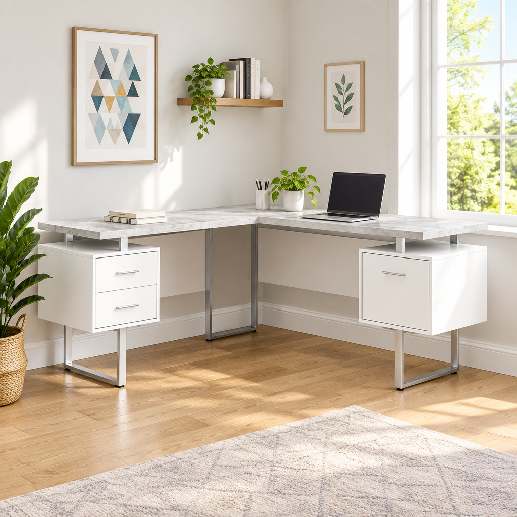 Gray and silver L-shaped computer desk with 3 drawers in a bright home office