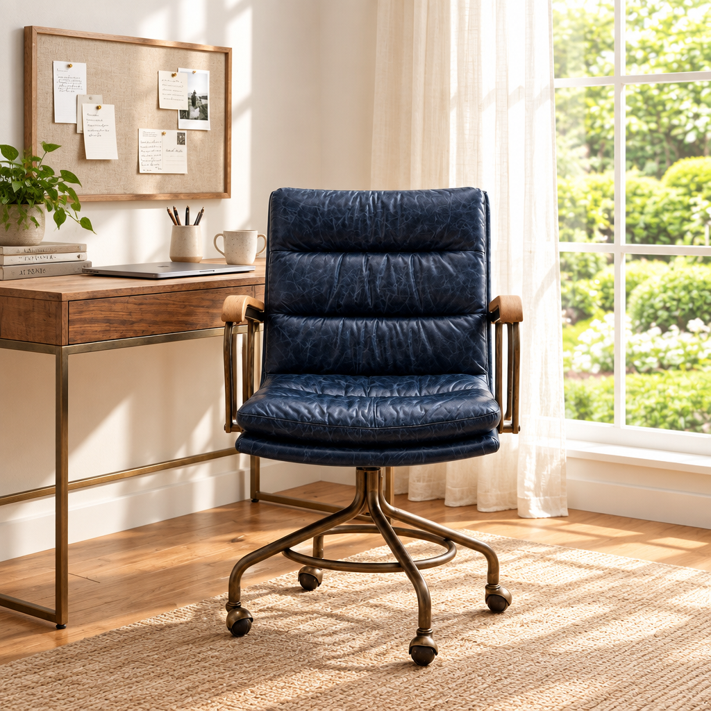 Navy leather vintage-style executive office chair at a sunny window desk