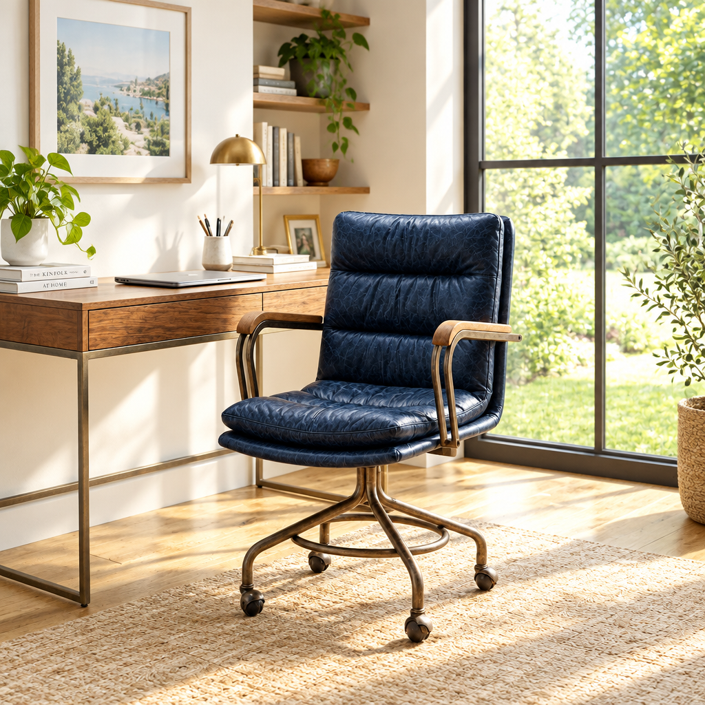 Navy leather vintage-style executive office chair in a sunny home office