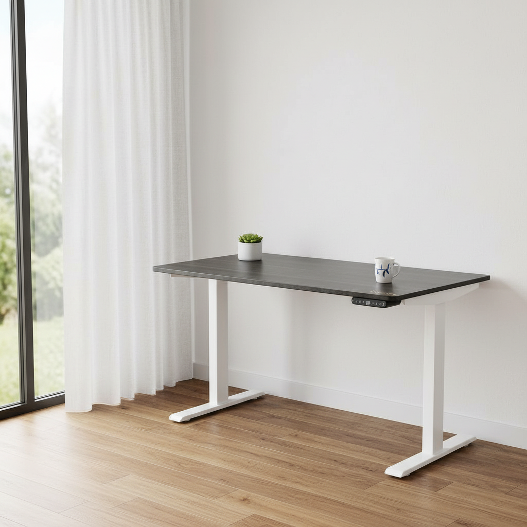 Black and white adjustable standing desk by a bright window