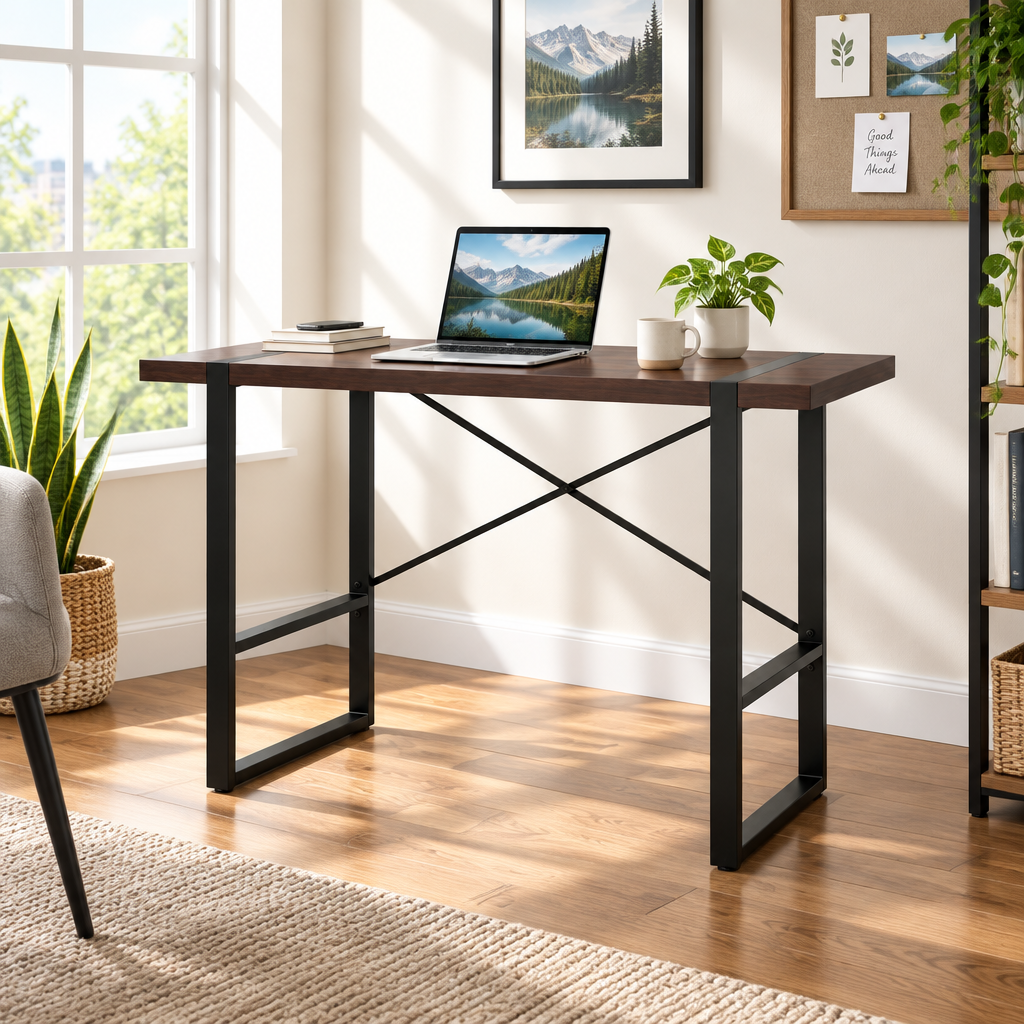 Dark brown and black computer desk in a bright home office