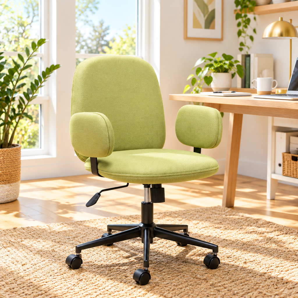 Pale green fabric office chair with black base in a sunny home office