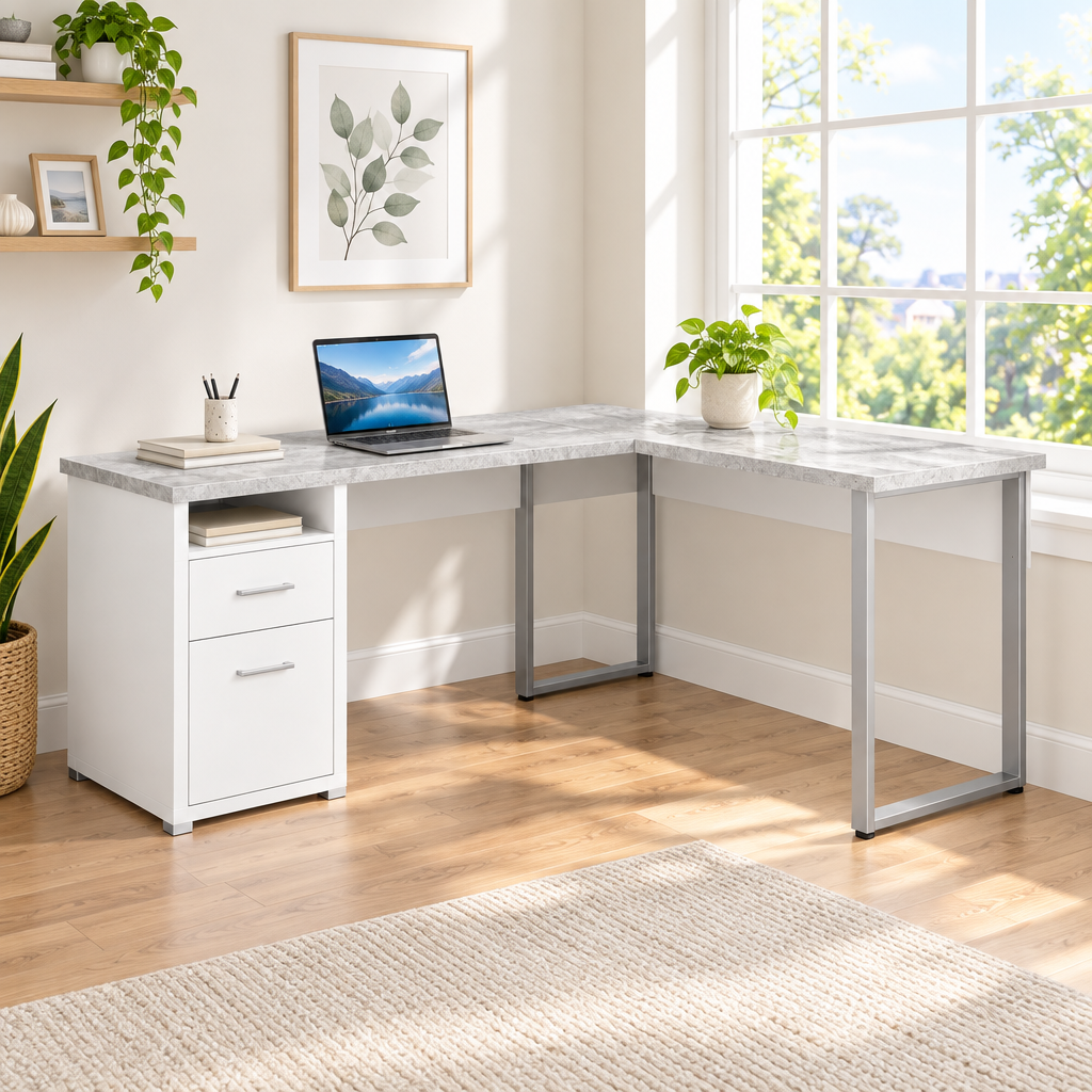 Gray and silver L-shaped computer desk with 2 drawers in a bright home office