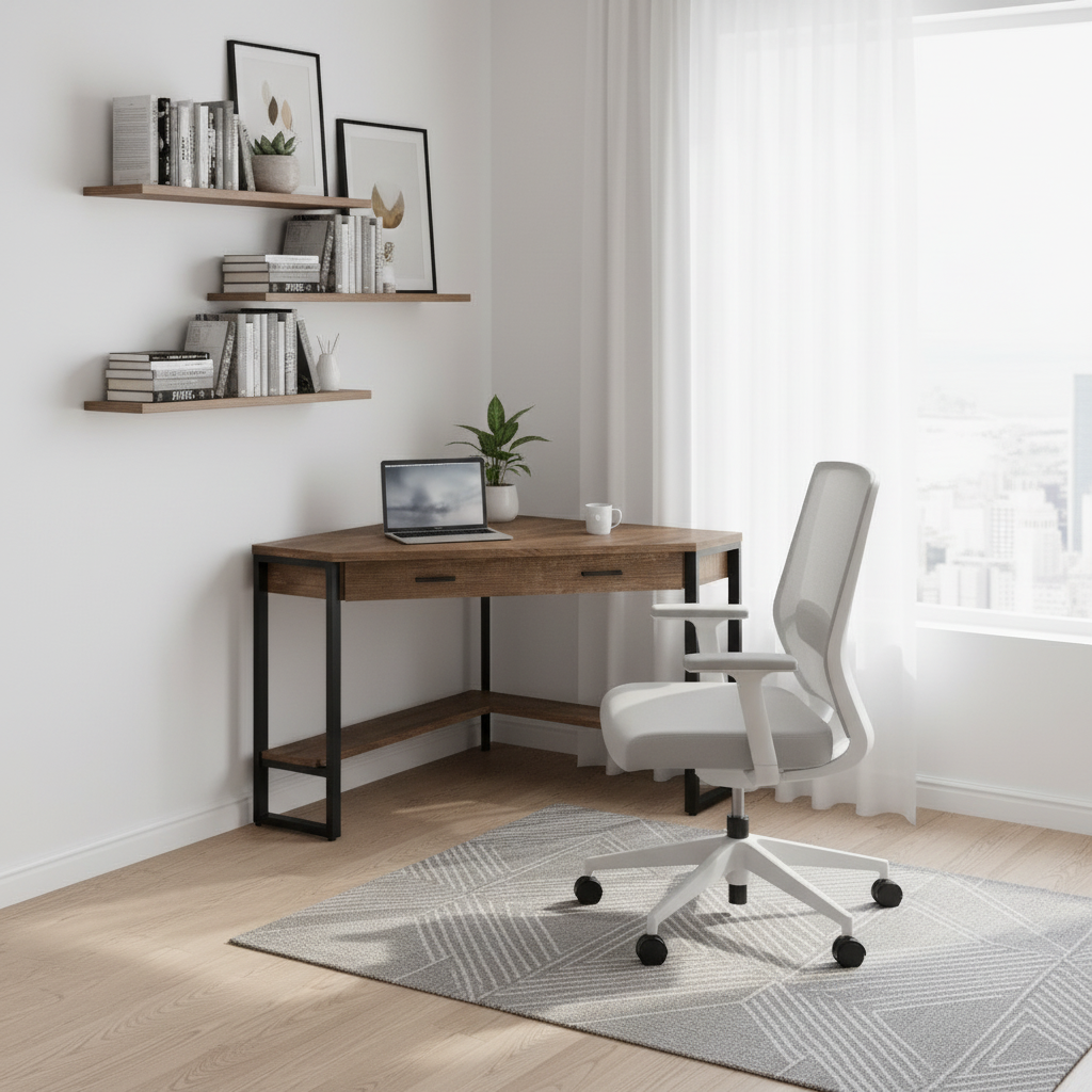 Brown and black corner computer desk in a modern home office