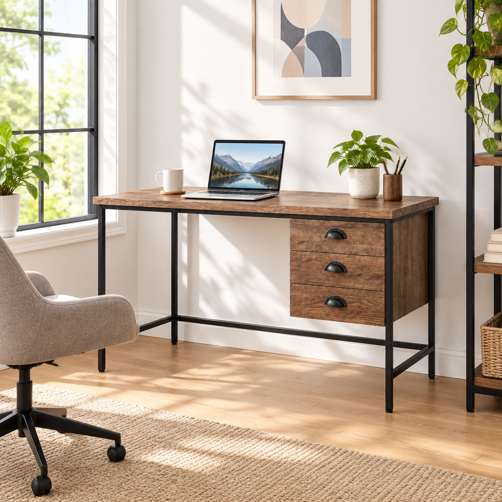 Brown and black computer desk with 3 drawers in a bright home office