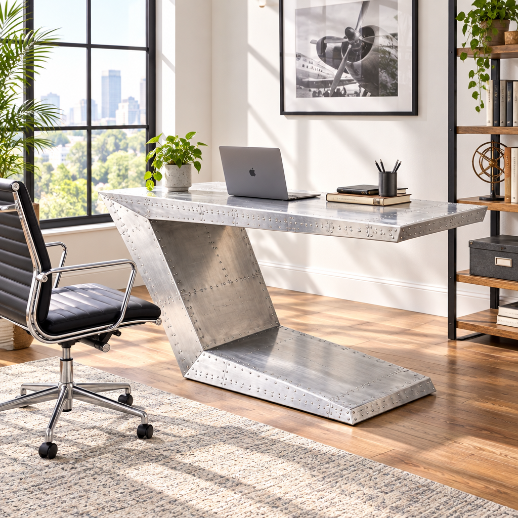 Silver aluminum aviator writing desk in a bright home office