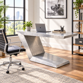 Silver aluminum aviator writing desk in a bright home office