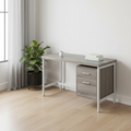 Taupe and silver computer desk with 2 drawers in a bright home office