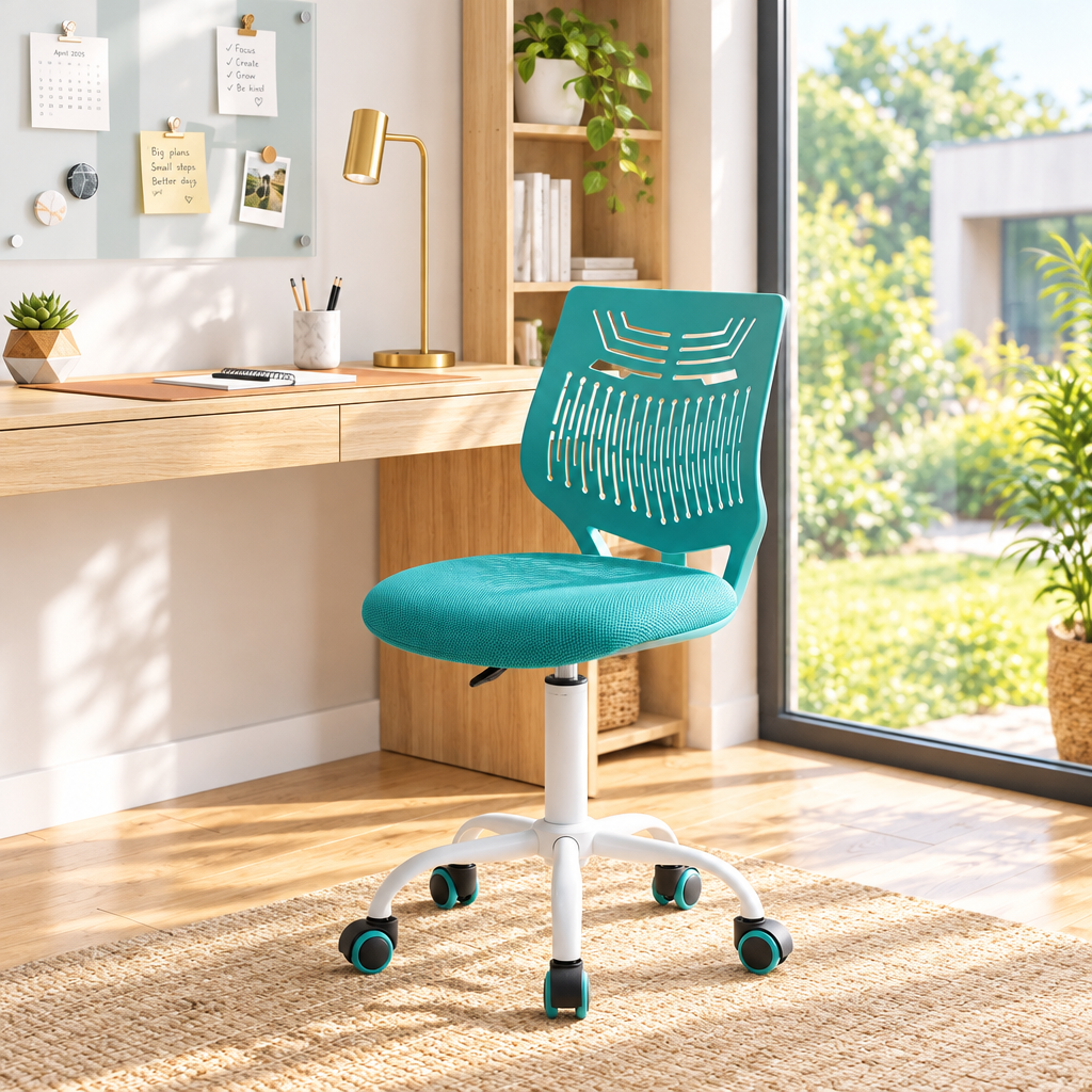 Turquoise office chair with molded backrest in a sunny home office
