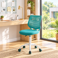 Turquoise office chair with molded backrest in a sunny home office